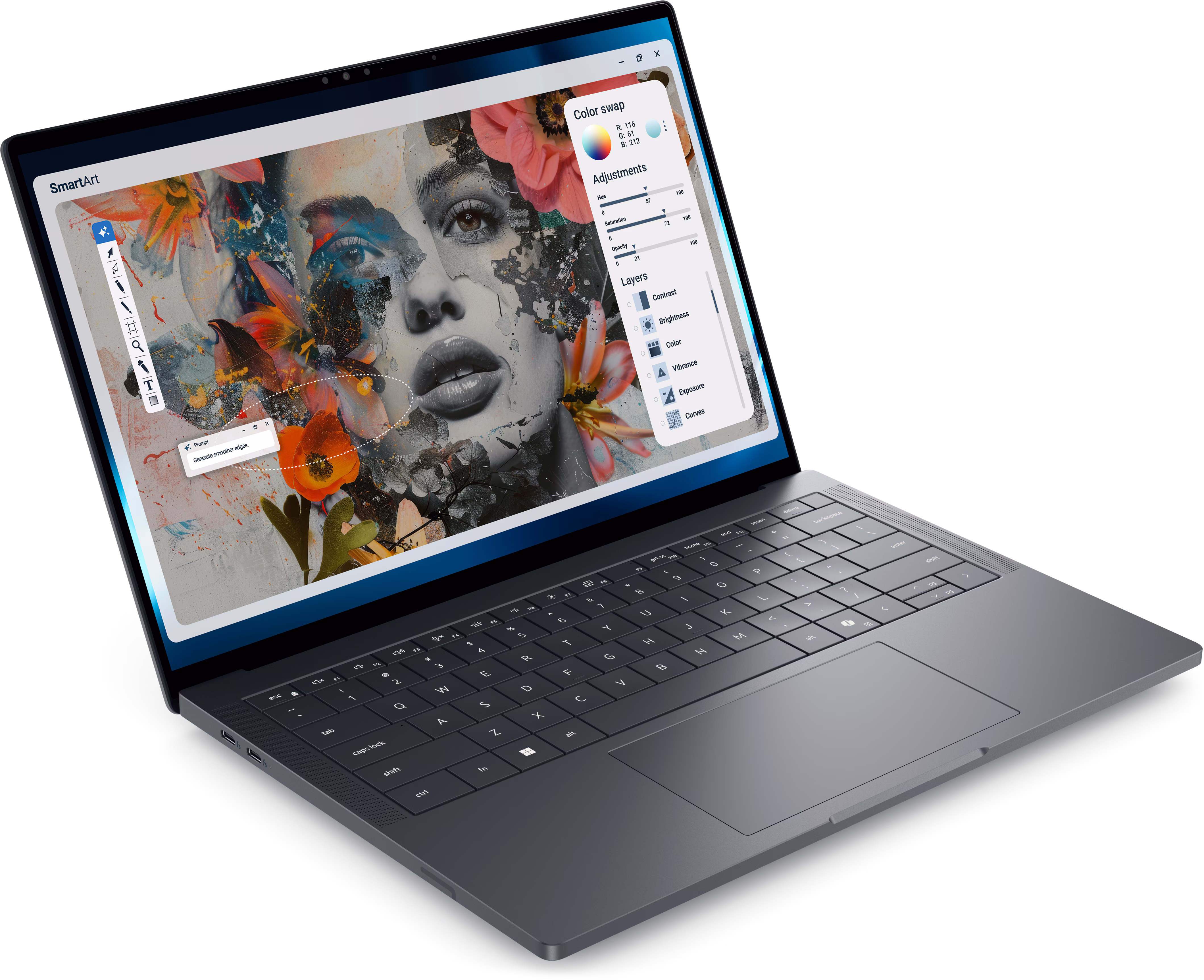 Dell Pro Precision 7 Series 14 Laptop — bočný pohľad z profilu s konektormi a chladením