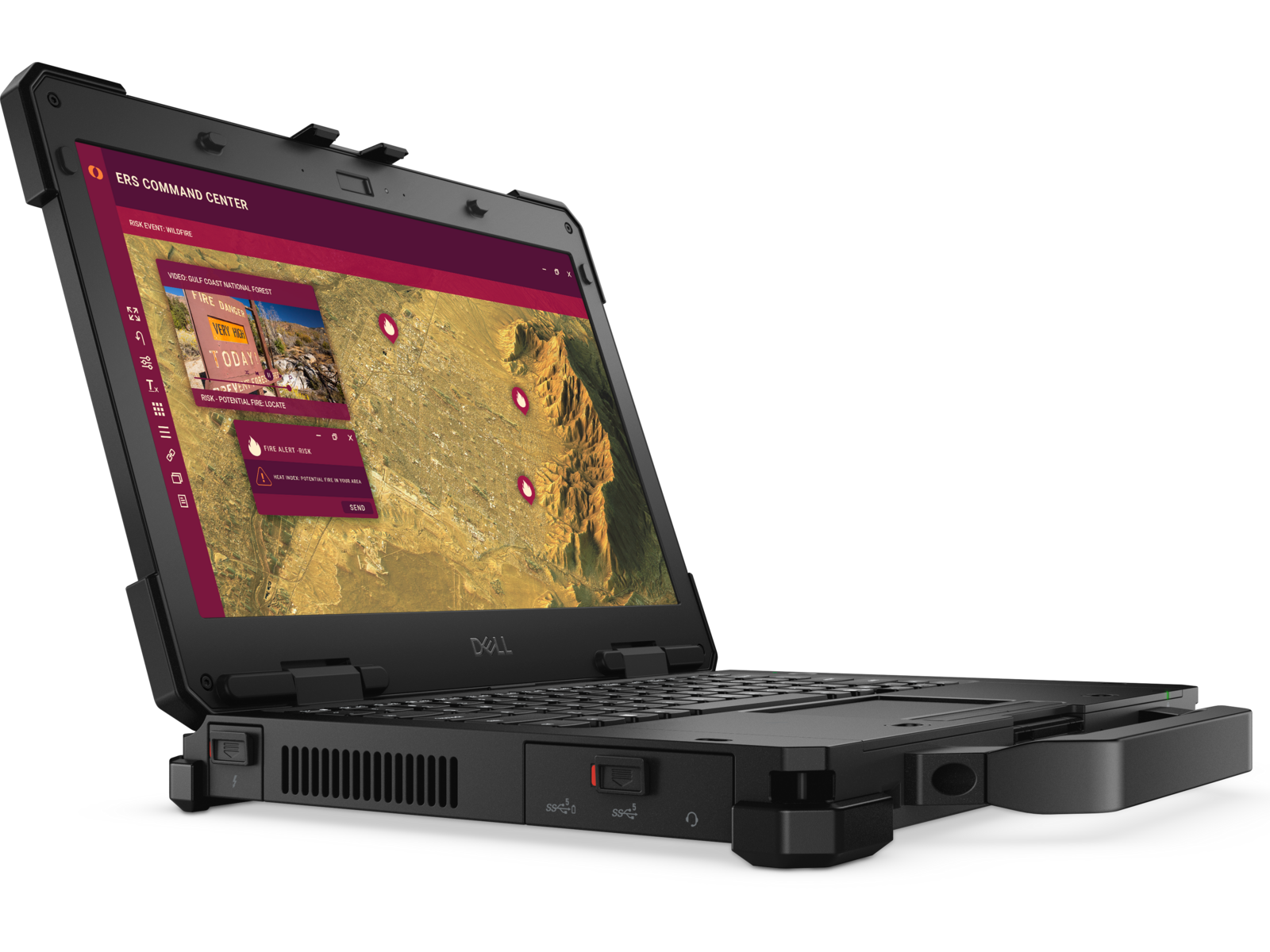 Dell Pro Rugged 13 Laptop — bočný pohľad z profilu s konektormi a chladením