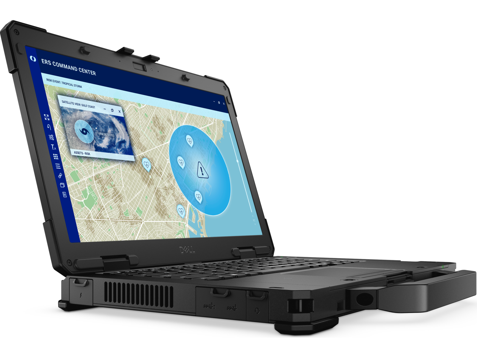Dell Pro Rugged 14 Laptop — bočný pohľad z profilu s konektormi a chladením