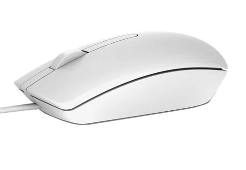 Dell MS116/Kancelárska/Optická/1 000 DPI/Drôtová USB/Biela – Detail zapojenia a tvaru myši Dell MS116