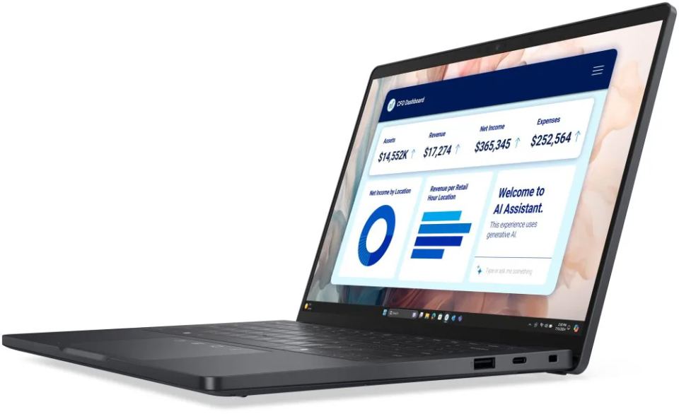 DELL Pro 13 Premium PA13250 Touch/ Ultra 7 268V/ 32GB/ 512GB SSD/ 13.3" QHD+ dotyk./ FPR/ W11Pro/ vPro/ 3Y PS/ bez adap. – Detail dotykového displeja a šasi notebooku